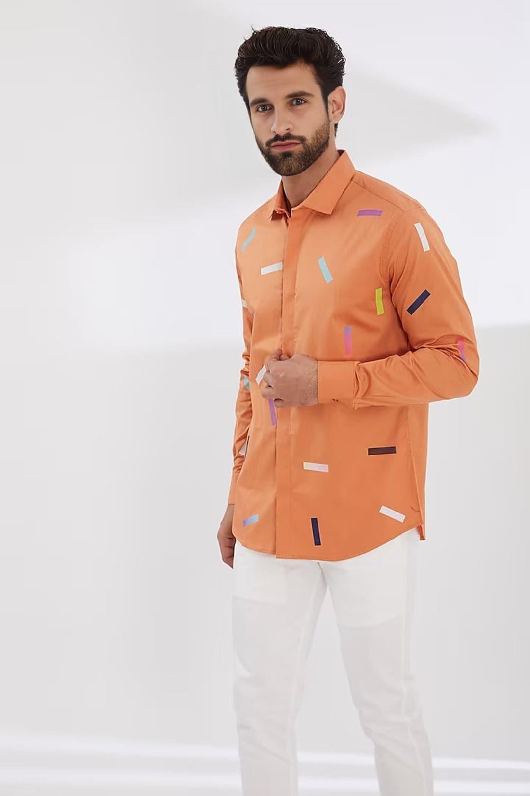 Printed Smart Casual Orange Shirt - HE SPOKE - For Men