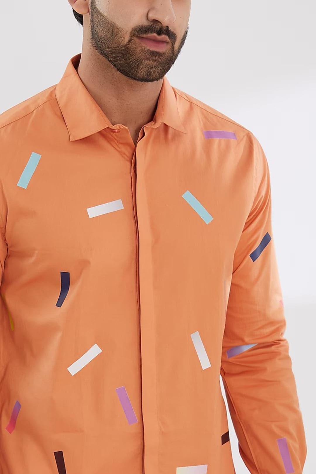 Printed Smart Casual Orange Shirt - HE SPOKE - For Men