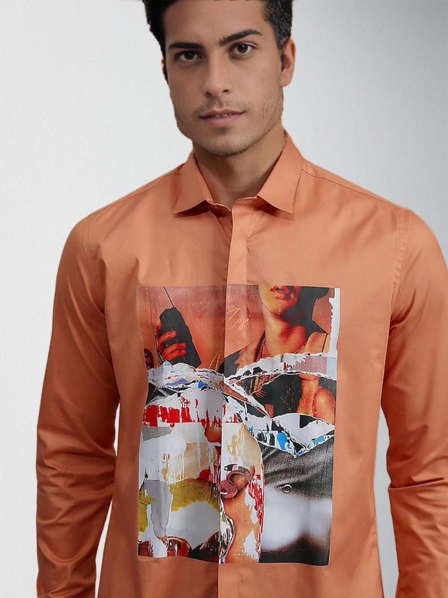 Printed Smart Casual Orange Shirt - HE SPOKE - For Men