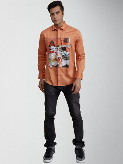 Printed Smart Casual Orange Shirt - HE SPOKE - For Men