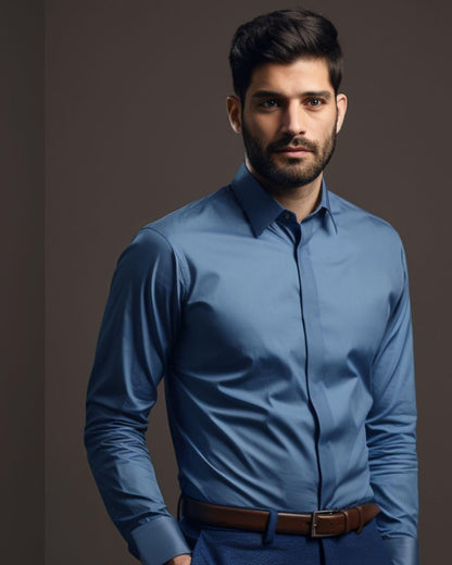 Solid Semi Formal Blue Shirt - HE SPOKE - For Men