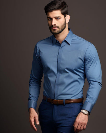 Solid Semi Formal Blue Shirt - HE SPOKE - For Men