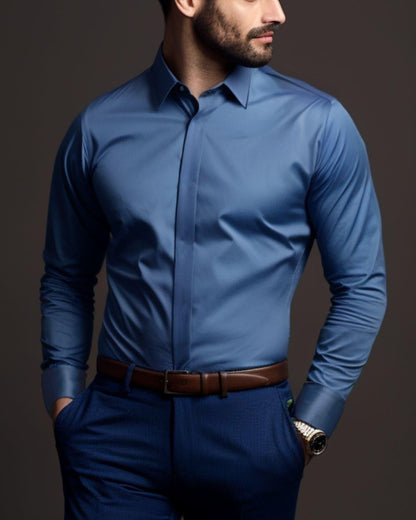 Solid Semi Formal Blue Shirt - HE SPOKE - For Men