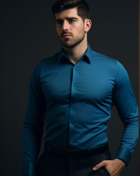 Solid Semi Formal Forest Blue Shirt - HE SPOKE - For Men