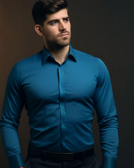 Solid Semi Formal Forest Blue Shirt - HE SPOKE - For Men