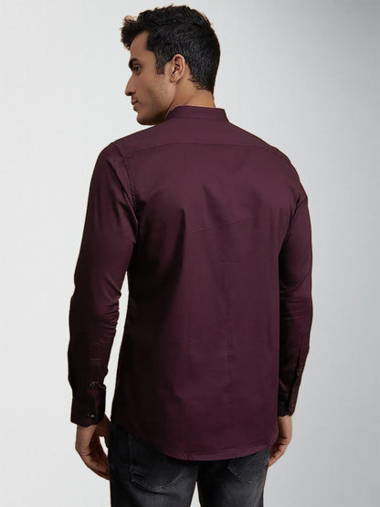 Embroidered Band Collar Cotton Semi-Formal Shirt