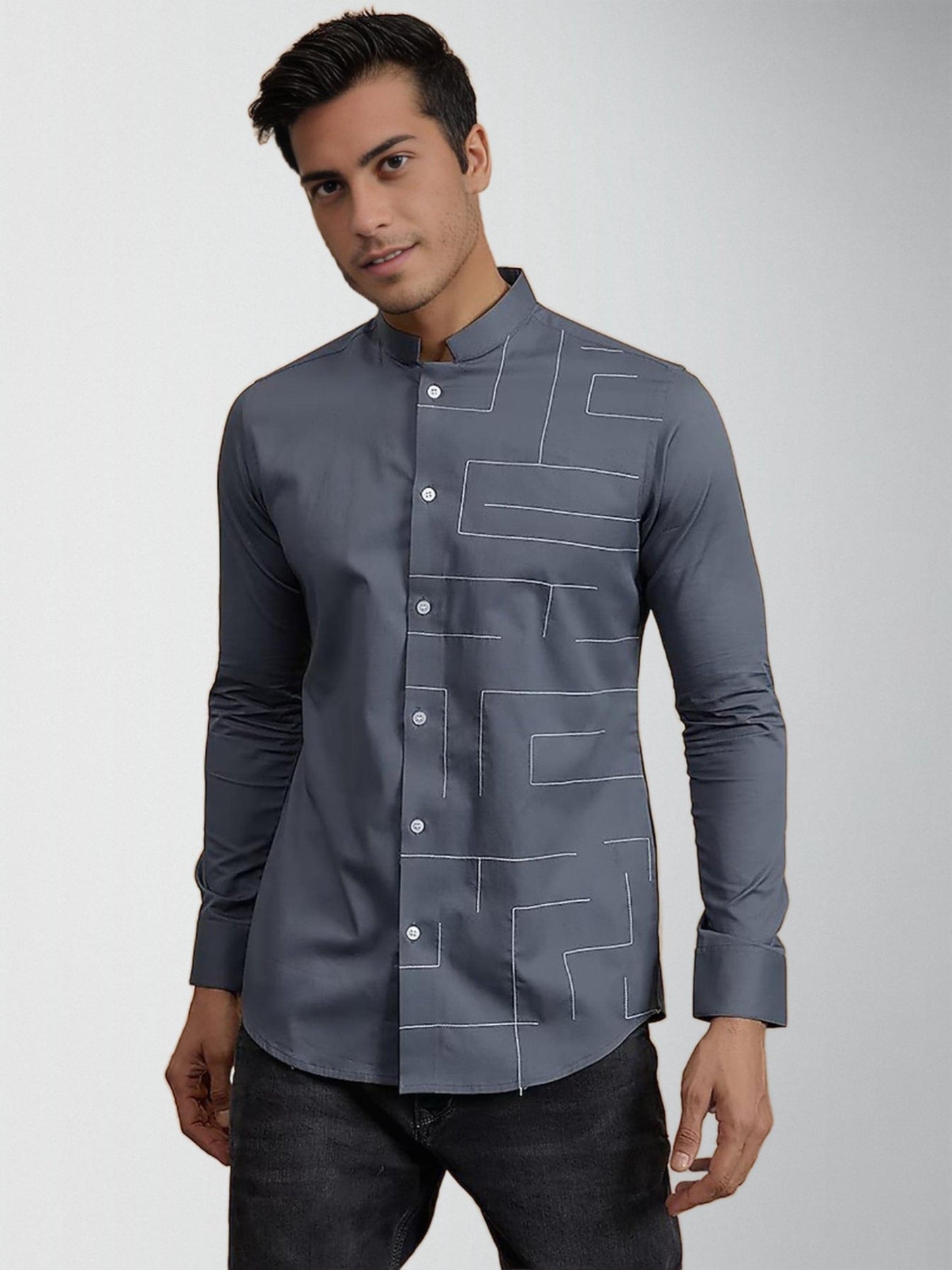 Embroidered Mandarin Collar Cotton Semi-Formal Shirt