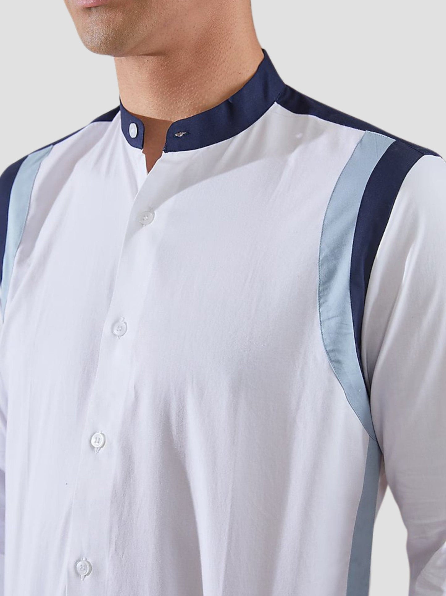 Colourblocked Band Collar Cotton Formal Shirt