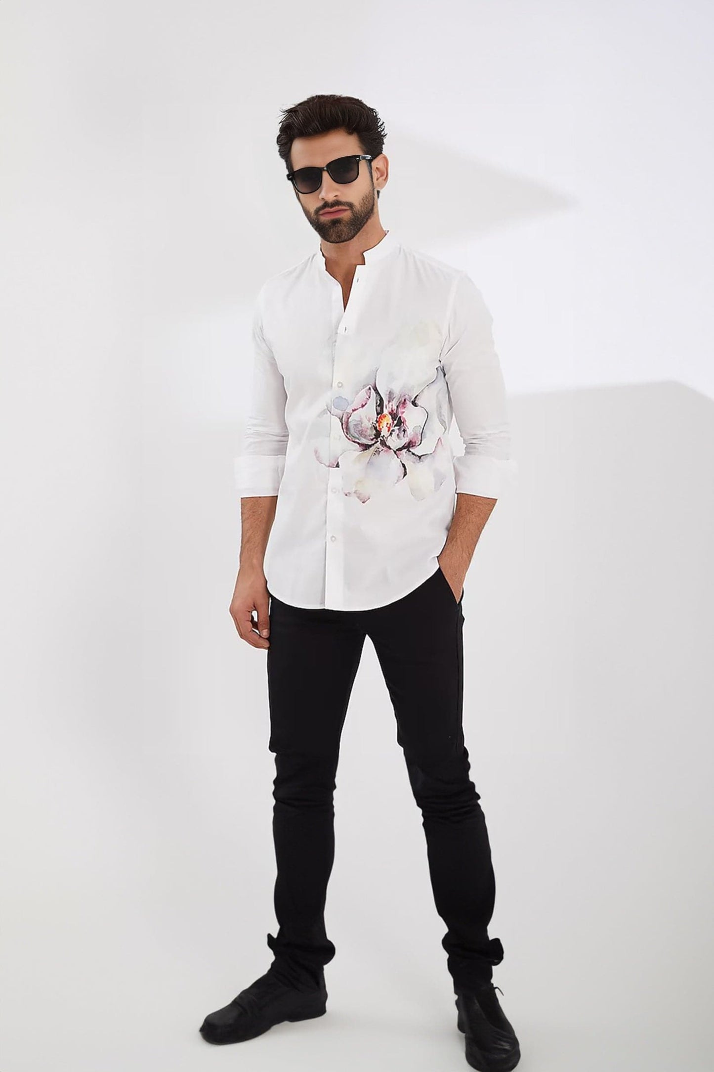 Printed Mandarin Collar Cotton Casual Shirt