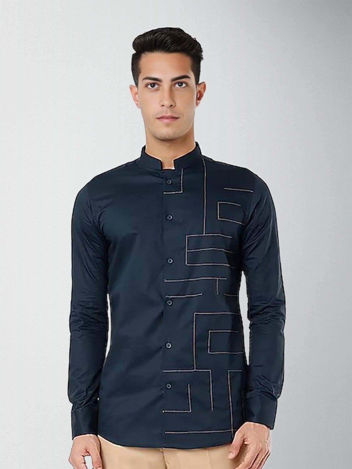 Embroidered Mandarin Collar Cotton Semi-Formal Shirt