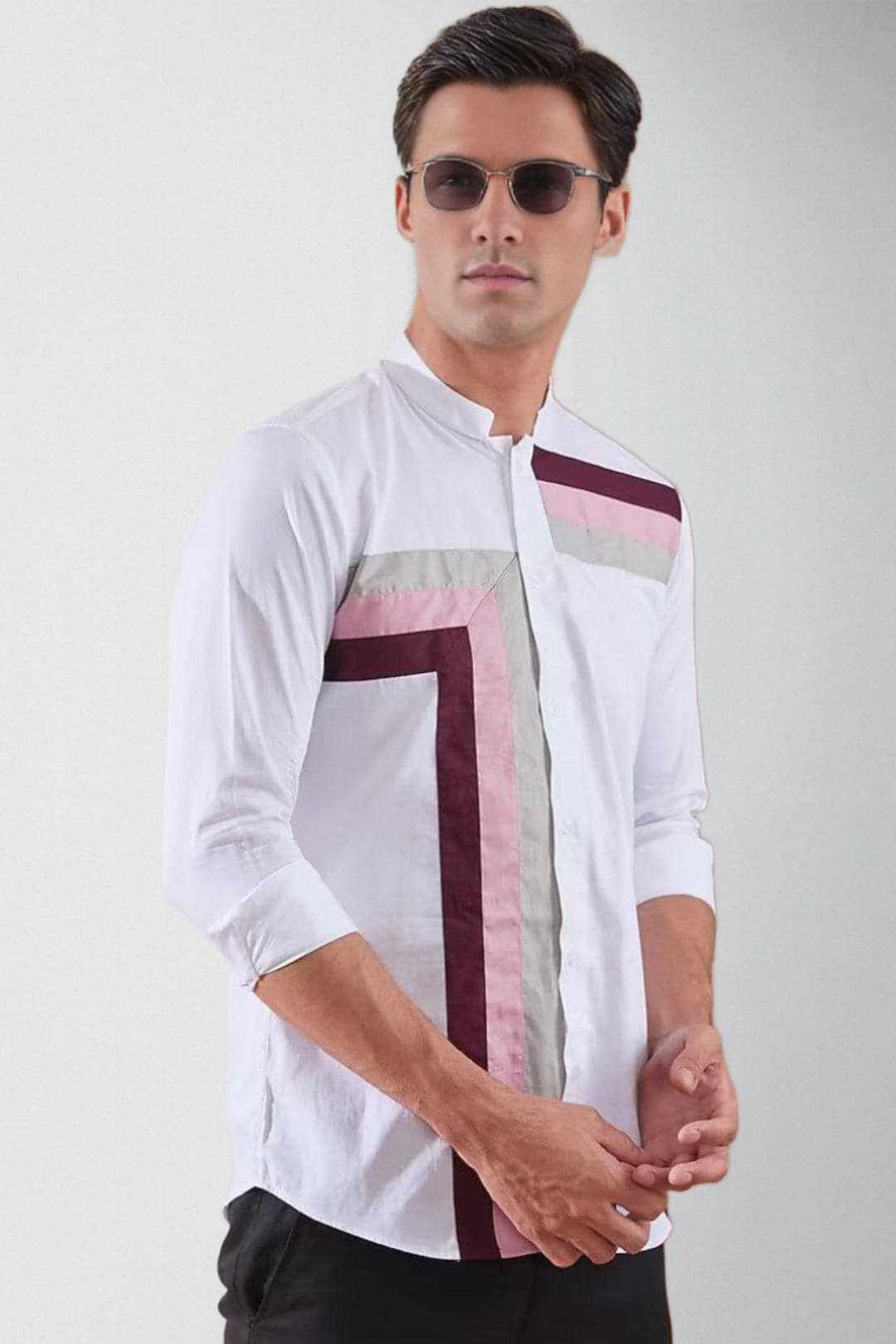 Colourblocked Mandarin Collar Cotton Casual Shirt