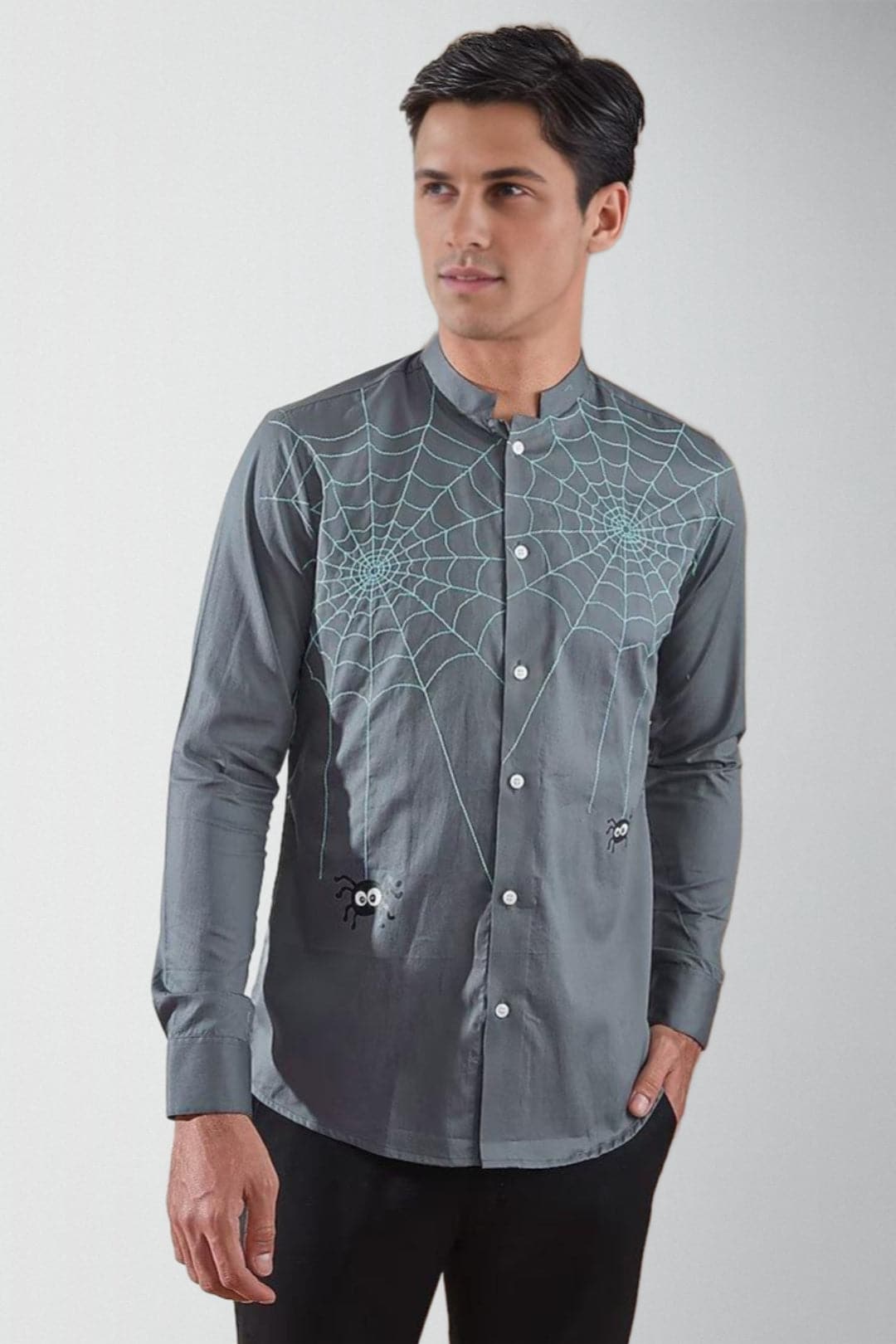 Embroidered Mandarin Collar Cotton Casual Shirt
