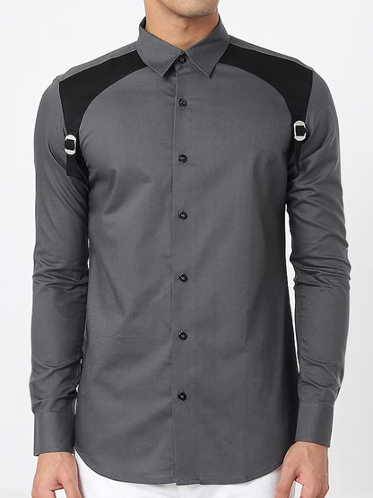 Harness Style Spread Collar Cotton Casual Shirt