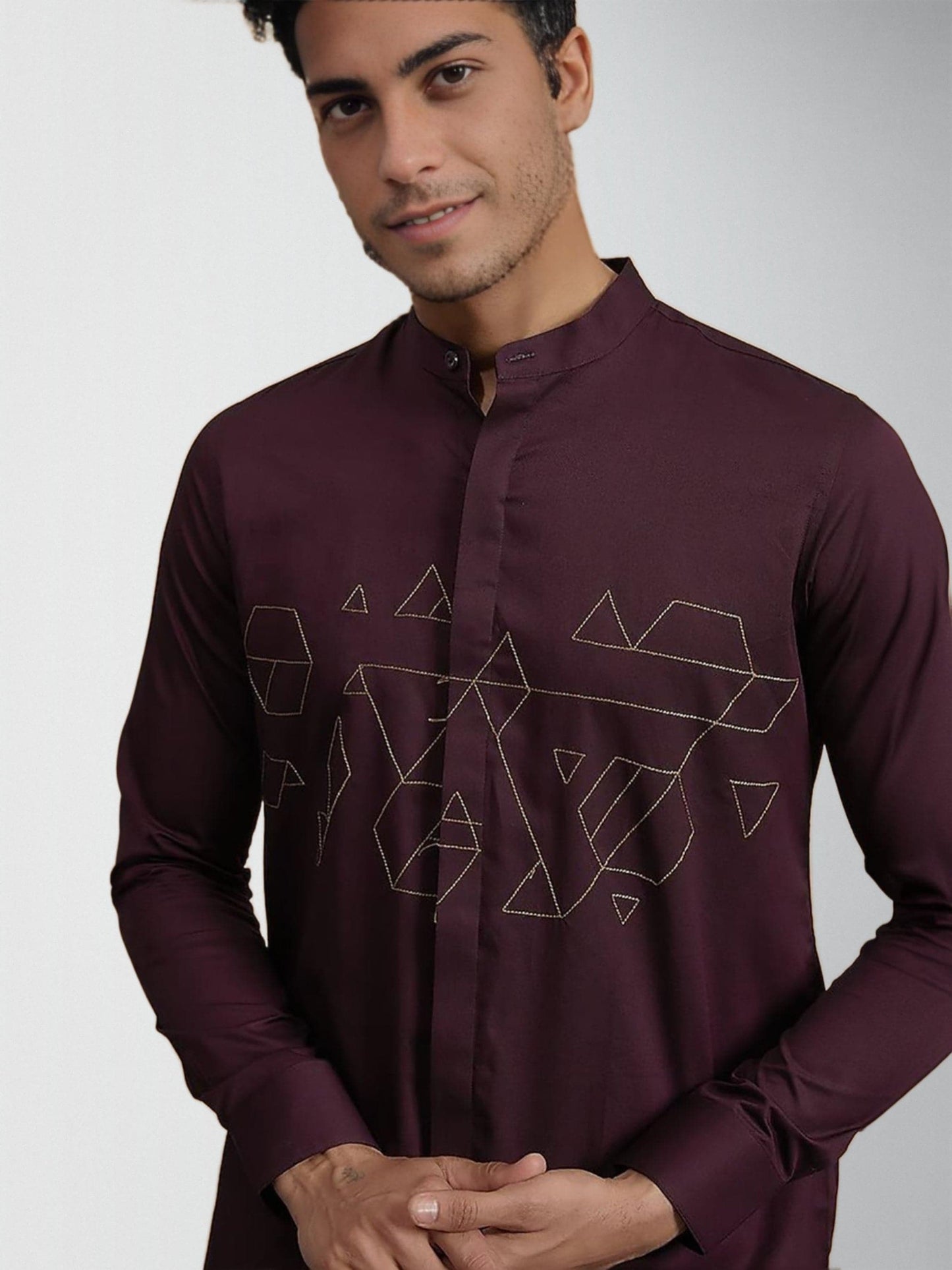 Embroidered Band Collar Cotton Semi-Formal Shirt