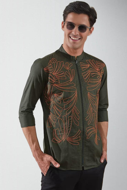 Embroidered Mandarin Collar Cotton Casual Shirt