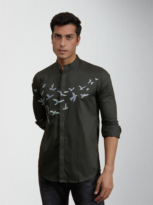 Printed Smart Casual Olive Shirt